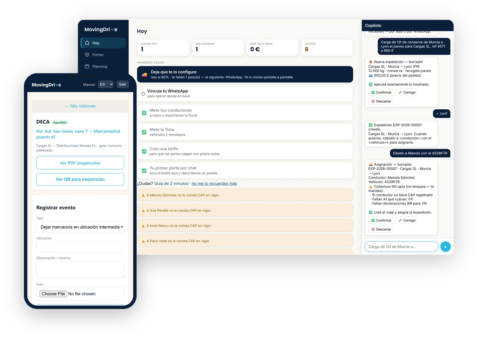 MovingDrive real: panel web con el copiloto y app del conductor