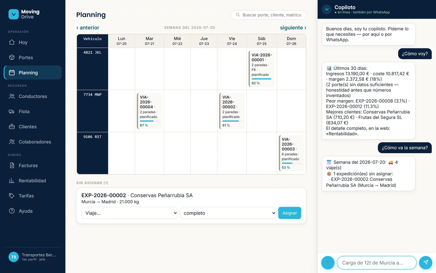 Planning semanal de MovingDrive: viajes por vehículo con porcentaje de ocupación, una expedición sin asignar y el copiloto resumiendo la semana